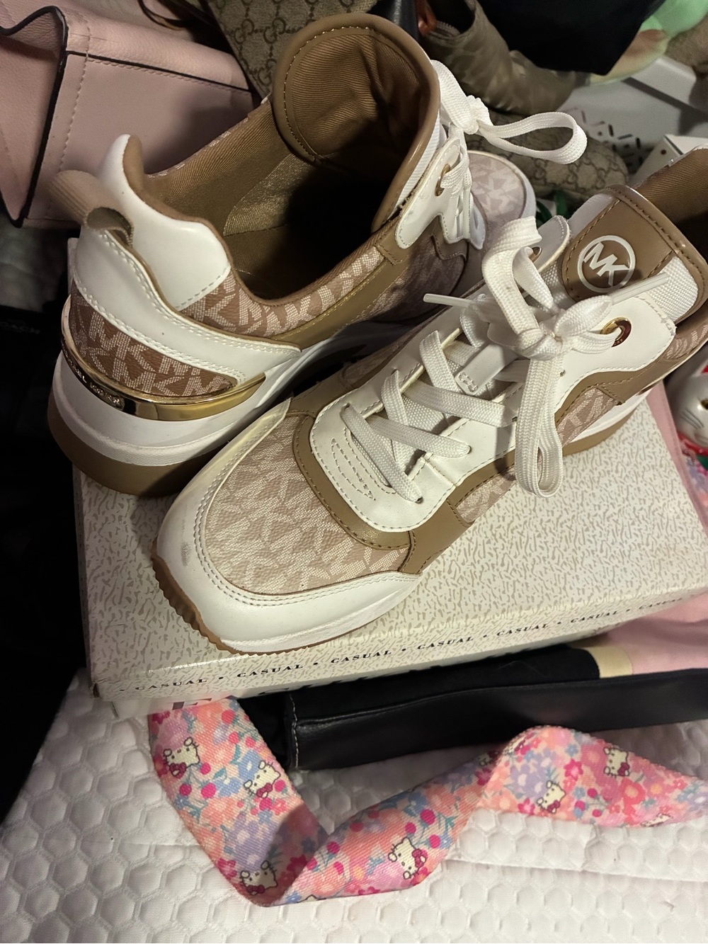 Michael Kors Beige and White Logo-Print Runner Sneakers